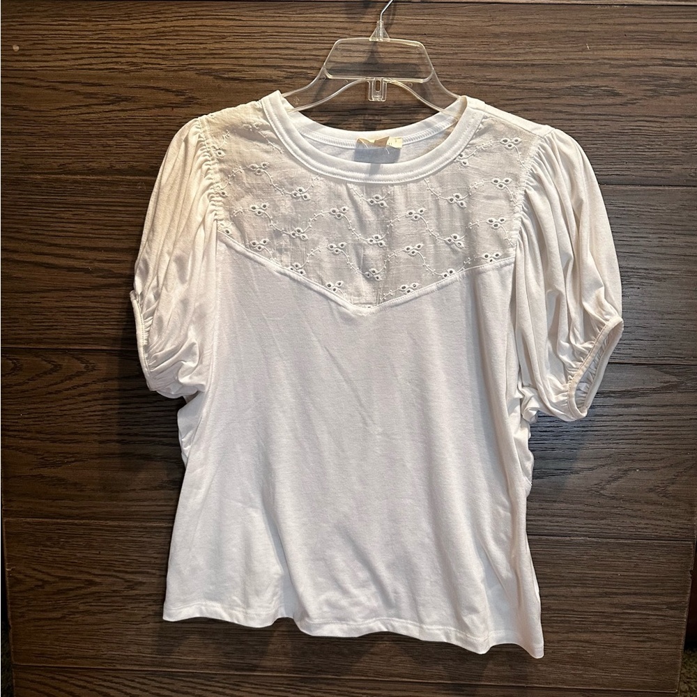 White Eyelet Yoke Puff Sleeve Blouse